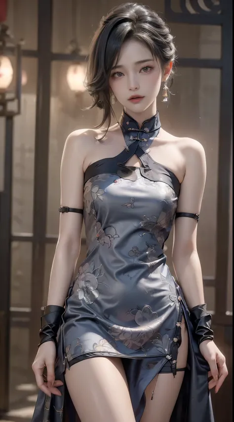 Fashion cheongsam, ((cowboy shot)), ((Bare shoulder)), ((Short hemlines, sexy long legs)), ((Elegant and charming posture, random view shots)), realistic detailed photo of a giant breasted girl with exposed shoulders, detailed fingers, high quality skin, r...