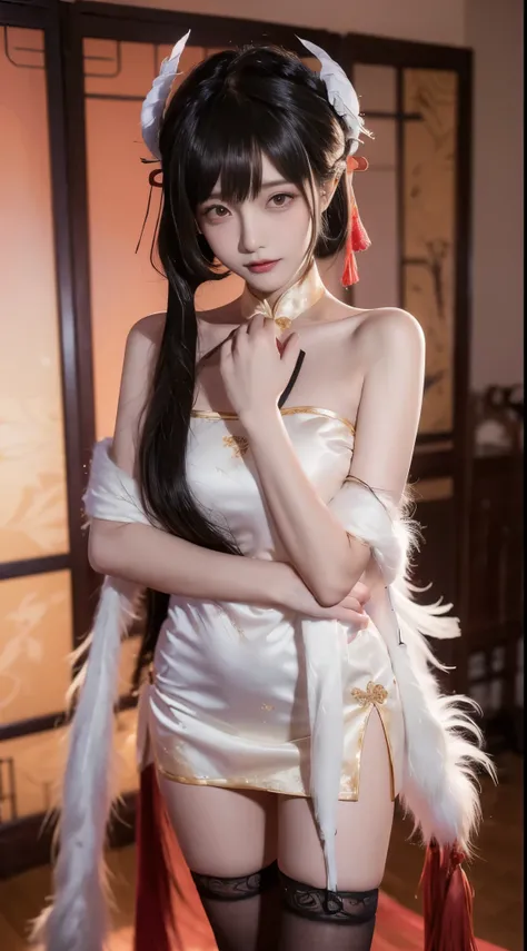 tokisaki kurumi, 1girl, solo,cosplay,bare shoulders, chinese clothes, feather shawl, china dress, fur trim shawl, lace-trimmed t...