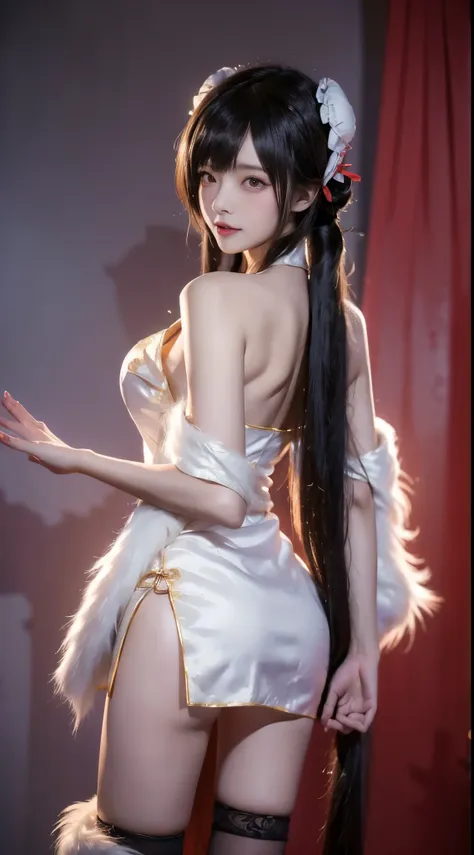 tokisaki kurumi, 1girl, solo,cosplay,bare shoulders, chinese clothes, feather shawl, china dress, fur trim shawl, lace-trimmed thighhighs,hair over one eye, long hair, double bun, hair bun, bun cover, ((cowboy shot)), ((Bare shoulder)), ((Short hemlines, s...