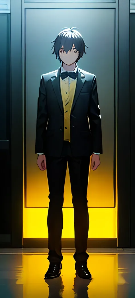 masterpiece, best qaulity, a young boy, black hair, yellow eyes, black and yellow detective suit, full body, no background, looking forward