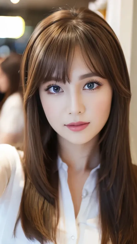 Best quality, 8k, ,Masterpiece :1.3)), facing viewer,((full body1.2)) ,pretty woman, wide shot ,1girl, , selfie , , Hair salon, brown hair , bangs,ultra-detailed face, highly detailed lips, detailed eyes, double eyelid
