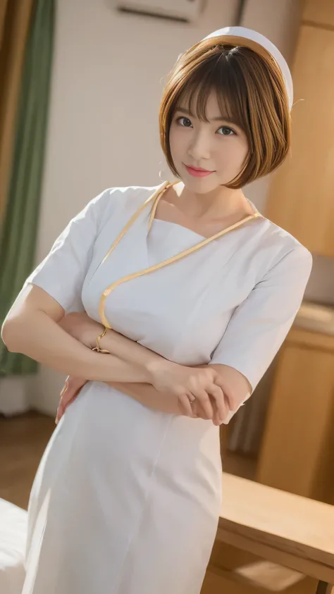 (8k, best quality, masterpiece, golden ratio composition,:1.3), (beautiful Japanese mature woman in her 30s), (wearing white Nurses uniform:1.4), (huge breasts), short cut hair