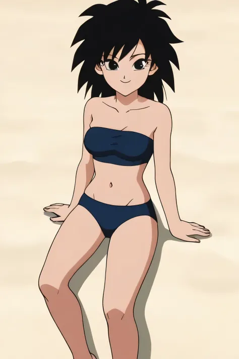 source_anime, score_9,score_8_up, score_7_up, ginedb, anime screencap, 1girl, solo, looking at viewer, smile, medium breasts, black hair, beach, ocean, bare shoulders, medium breasts, smile, arms at sides, cowboy shot, medium hair, black eyes, spiked hair,...