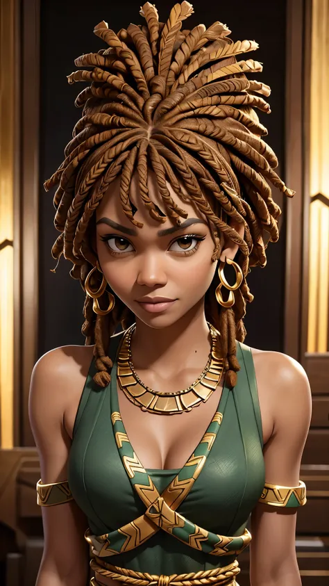 (Zendaya:Halle Berry) dressed like a nigerian chaman, red green and yellow sleeveless tunic, (high top fade haircut and dreads) tribal tattoo in the face, (golden rings necklace), Lovecraft atmosphere, masterpiece, hyperdetailed