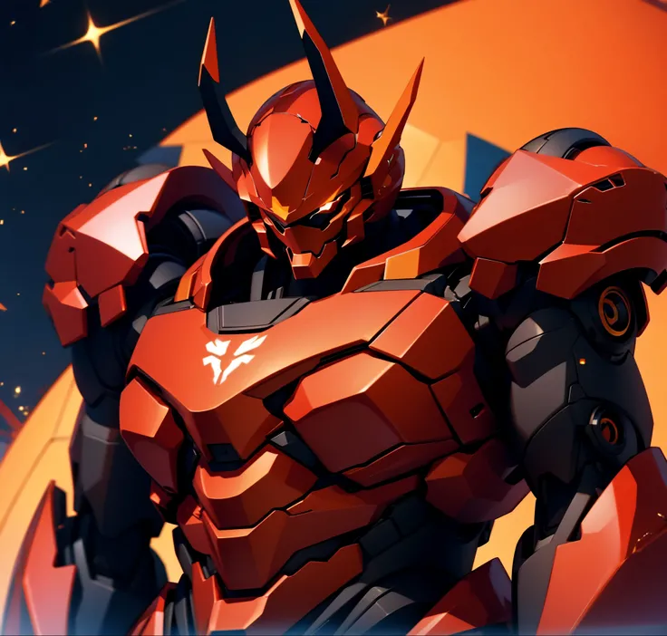 Robot, red mono eye, red body, high quality, golden horns on head, heavily armored,Robot, red mono eye, red body, high quality, golden horns on head, heavily armored, reddish-black shoulders, arm armor is an austere shade, sunset background,