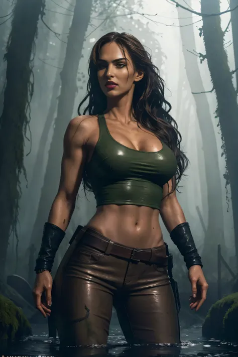 full body lara croft, long brown ponytail, brown eyes, high arched eyebrows, long graceful neck, red lips, big breasts, short tight brown leather pants, pale green sleeveless torn t-shirt, leather boots, in an ancient cemetery overgrown with abandoned plan...