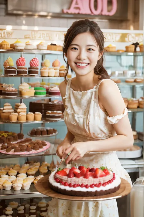 High resolution、Cake shop、Cake maker、30-year-old woman、Smiling for the camera、Lots of cakes、