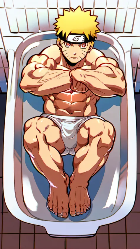 Naruto uzumaki, swimsuit, underwear, white boxer, bathtub, bodybuilder