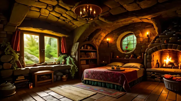  a fairy-tale hobbits bed room in a low Cave with a Colorful gravel Fireplace, outside a large window Glass Door on one wall with a rainy landscape, a room with colorful gravel Round bricks, a mysterious and fairy-tale atmosphere, vases and plants, a fluff...