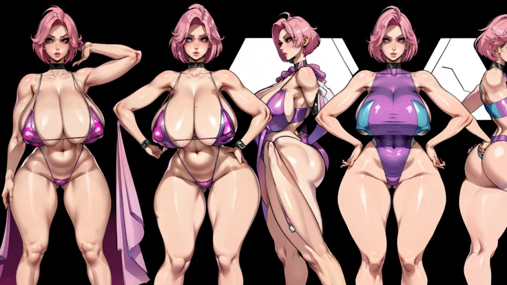 Character sheet, female superhero, short pink hair, milf, mature, short hairstyle, slim face, high cheekbones, big lips, full lips, up-turned nose, pointy nose, pouting, pouting lips, pale skin, 90s glamour makeup, tall, curvaceous, small waist, big hips, ...