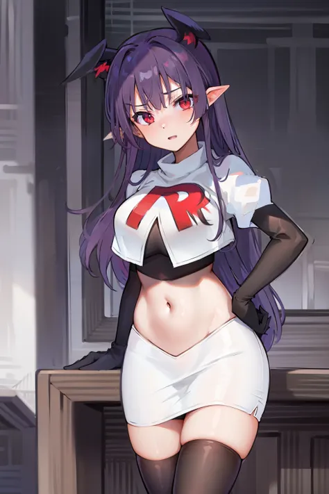 masterpiece, hd, 1girl, mythia, purple long hair, bat ears, red eye, team rocket,team rocket uniform,white skirt,red letter R,crop top,black thigh-highs,black elbow gloves