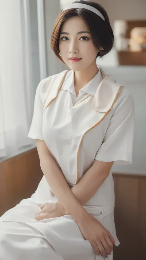 (8k, best quality, masterpiece, golden ratio composition,:1.3), (beautiful Japanese mature woman in her 30s), (wearing white Nurses uniform:1.4), (huge breasts), short cut hair
