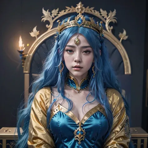 18 years old with blue hair wearing a gold crown and a blue wig, fantasy art style, ((a beautiful fantasy empress)), a beautiful...