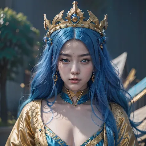 18 years old with blue hair wearing a gold crown and a blue wig, fantasy art style, ((a beautiful fantasy empress)), a beautiful...