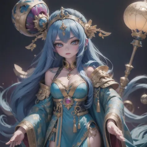 18 years old with blue hair wearing a gold crown and a blue wig, fantasy art style, ((a beautiful fantasy empress)), a beautiful fantasy empress, artwork in the style of Girl, azure. detailed hair, 18 years old, palace ， a girl in hanfu, beautiful celestia...