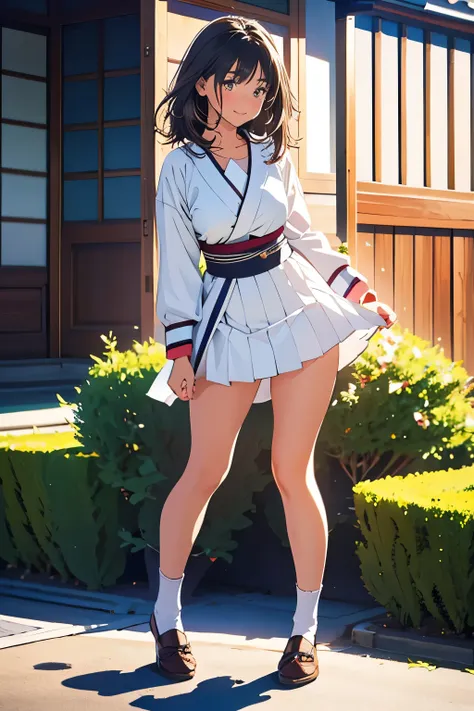 1 girl,Full Body Shot、Japanese,16 years old, Medium Black Hair,I have a few freckles,Big Breasts、Work at a traditional Japanese food stall,Proper body balance,Ultra-high quality output images,High resolution,Intricate details,Her hair blowing in the wind i...