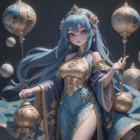 18 years old with blue hair wearing a gold crown and a blue wig, fantasy art style, ((a beautiful fantasy empress)), a beautiful fantasy empress, artwork in the style of Girl, azure. detailed hair, 18 years old, palace ， a girl in hanfu, beautiful celestia...