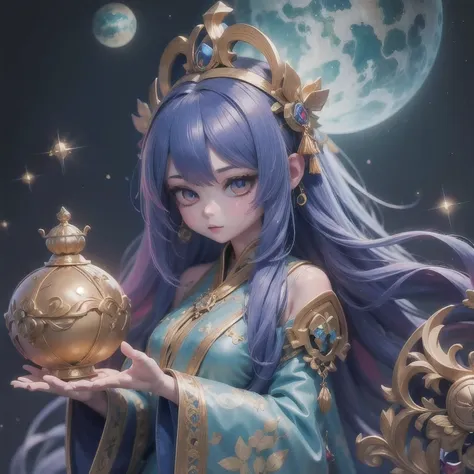 18 years old with blue hair wearing a gold crown and a blue wig, fantasy art style, ((a beautiful fantasy empress)), a beautiful...