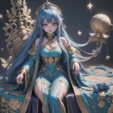 18 years old with blue hair wearing a gold crown and a blue wig, fantasy art style, ((a beautiful fantasy empress)), a beautiful...