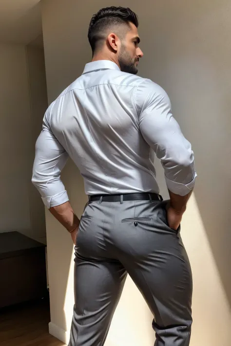 Beautiful man 30 years old, muscular body, barba rala, mas seu rosto esta iluminado pela fogueira. Gray formal trousers ((backside))