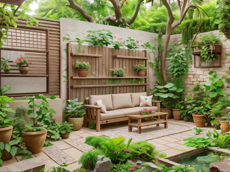 a rough brick wall in the garden, wooden flower pots mounted on the wall, sofa next to the tea table, aquarium, surrounding low ...