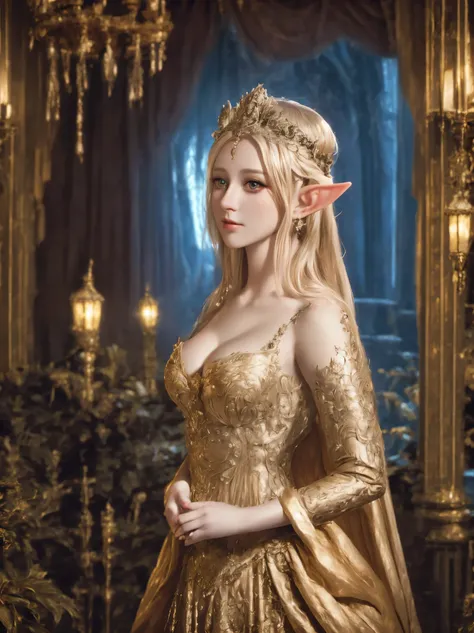 a beautiful elf princess, palace, attendants, princess gown, intricate details, ornate architecture, warm lighting, fantasy, digital art, cinematic, highly detailed, 8k, photorealistic