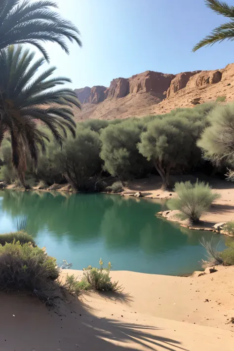 desert oasis, water, tree, land