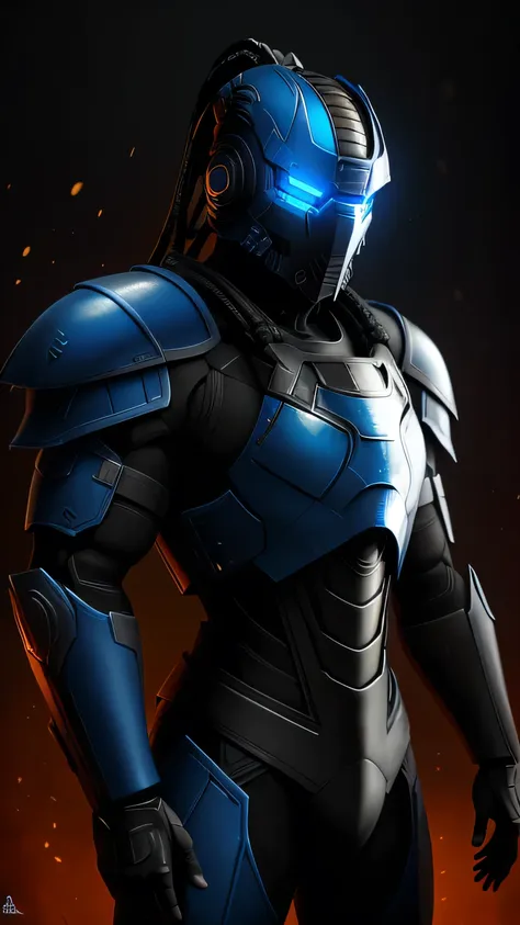 sub-zero from mortal kombat, zxcrx, cyborg ninja, sleek (blue and black armor:1.5), various robotic components, his face is cove...