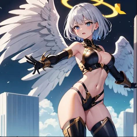 fantasy, 1angel_girl,young_teen, ,silver_hair, short_hair, long_bangs, halo,bare_shoulder,thighhighs,silver_armor, waist_armor, large_breasts,half_eyes,1pair_wings, dynamic_pose_fighting,floating, bare_crotch, headgear,gauntlet, greaves,city_background,sli...