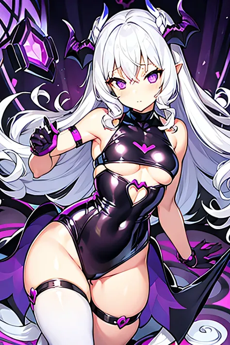 Succubus, girl, teenager, cute, sexy, white hair, curly hair, purple eyes, latex clothes, naked, small boobs, , 