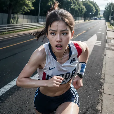 raw photo , 8K, ultra detailed, (realistic:1.2), (1girl, serious, open mouth:1.2), (sweat:1.3), athlete, running, 20yo, cowboy shot, road