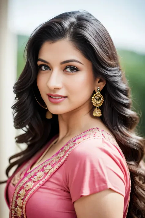 portrait of a confident-looking indian white woman, with long brown hair, hazel eyes, smile and pink lips, bright face, looking ...