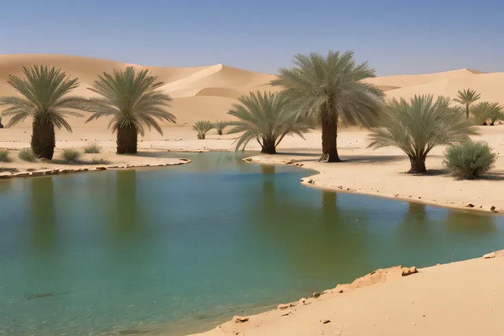 arabic desert oasis, water, tree, land