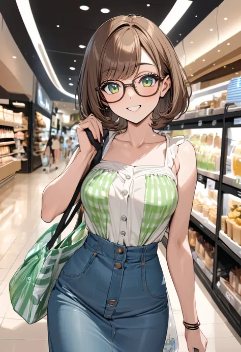 (make-up) (solo bob brown hair short hair cute woman, lovely green eyes, glasses, happy smile, 32 yo, Medium tits), (in a Casual summer clothing, Denim skirt), (hand holding a Branded bag), BREAK, (in the Shopping mall), perfect anatomy, masterpiece, best ...