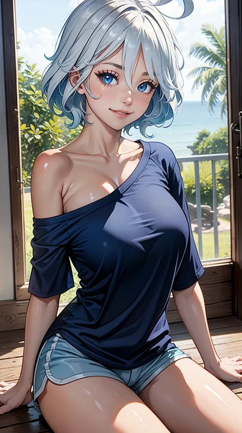 (Furinarnd), masterpiece,huge breast, blush, indoor, looking at viewer, detail eyes, cg, sitting, smile, (front view), dolphin shorts, (single bare shoulder shirt),