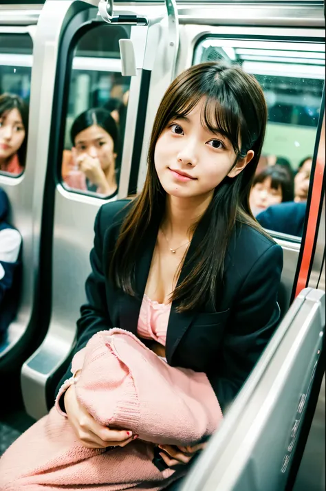 A very cute face like a Japanese idol、18-year-old female、Gentle and cute、She is wearing a light pink bikini、(Sitting on a chair in a crowded train with office workers heading home)、(Sitting on a seat in a crowded train with many office workers heading home...