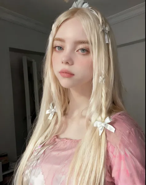 blond woman with long hair and white bows in a pink shirt, very very pale blond hair, extremely pale blond hair, long blonde hair and big eyes, belle delphine, with white long hair, anna nikonova aka newmilky, long blonde hair and large eyes, yelena belova...