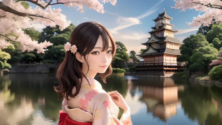 One girl, Beautiful woman looking back, Japanese Castle（Osaka Castle）、summer、Anime girl in kimono looking at a castle, Anime Style 4k, Beautiful anime art style, Beautiful anime artwork, Anime-style illustrations, anime art wallpaper 4k, Beautiful anime po...