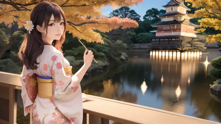 One girl, Beautiful woman looking back, Japanese Castle（Osaka Castle）、evening、Anime girl in kimono looking at a castle, Anime Style 4k, Beautiful anime art style, Beautiful anime artwork, Anime-style illustrations, anime art wallpaper 4k, Beautiful anime p...