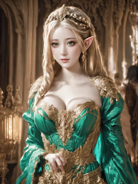 a beautiful elf princess, palace, attendants, princess gown, intricate details, ornate architecture, warm lighting, fantasy, digital art, cinematic, highly detailed, 8k, photorealistic