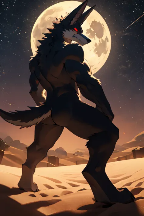 adult male, anthro jackal, solo, dat ass, big butt, nude, looking at viewer, looking back at viewer, angry expression, killer look, clenched teeth, red eyes, glowing eyes, grey fur, evil, sand desert, sand powers, night, full moon, low-angle view, strong p...