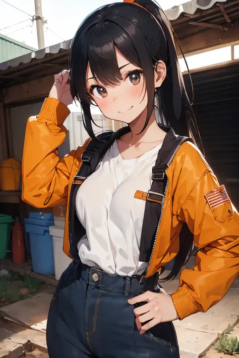 young woman, mechanic engineer, orange Coverall (work clothes), black tube bra, black hair, ponytail, embarrassing, (embarrassed smile), blush, open stance, in the garage, cowboy shot, masterpiece, super detail, best quality, bokeh