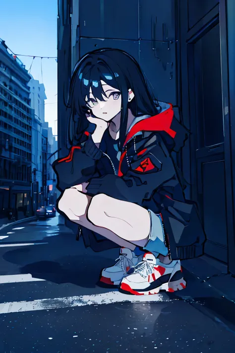 Girl, long curly black hair, red right eye, blue left eye, dirty eyes, black jacket, shorts, sneakers, crouching, city