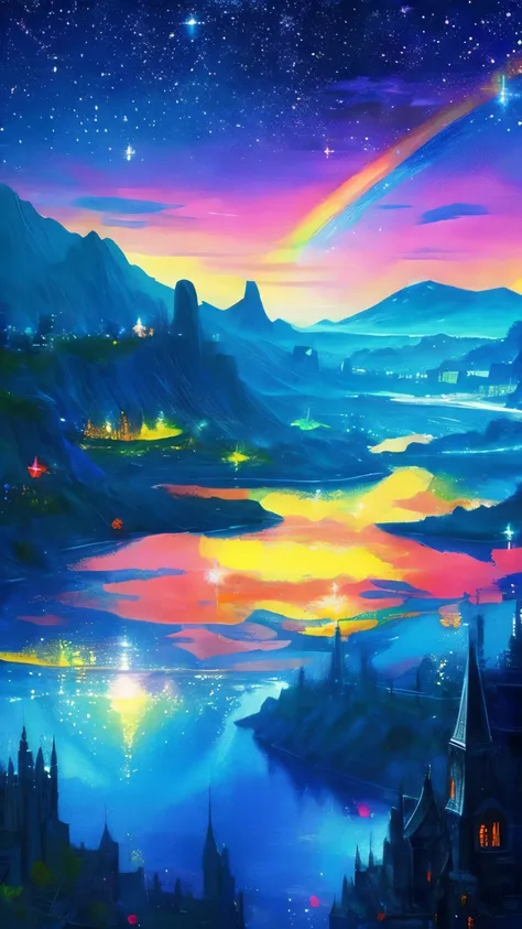 Colorful Metropolitan Museum of Art、Painting of a river with stars and moon in a rainbow sky、Met、輝くskyscraper、Shine overall、skyscraper、Concept art inspired by Tosa Mitsuoki、pixiv contest winners、highest quality、Fantasy art、Beautiful anime scene、Bright Moon...