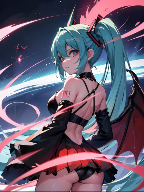 Miku Hatsune, alta definicion,, alta definicion,alta definicion, flaming eyes, evil eyes, devil girl, risa demoniaca, ojos de maldad, dragon wings, sucubo, shes atack de camera, sensual back pose, 