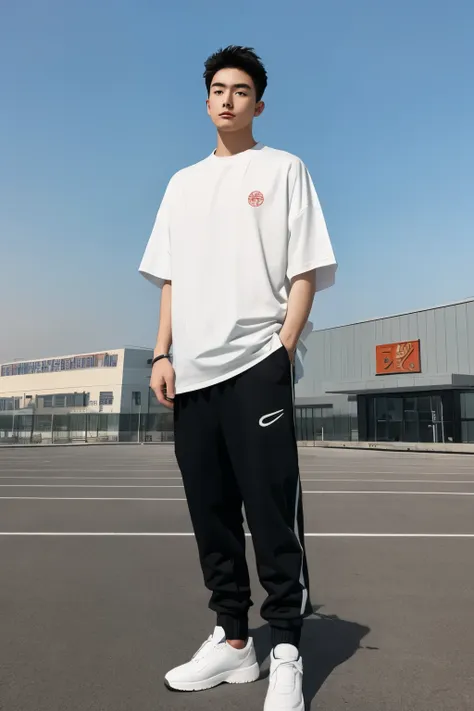 a beijing young man in a oversize "plain t shirt", black jogger trousers, and sneakers stands against a gym center background, f...