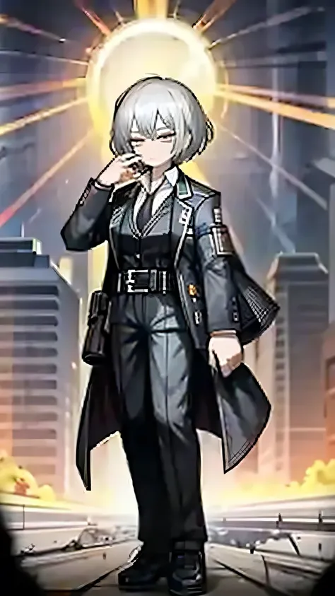 One woman,Dynamic,whole body,Are standing,mysterious,Concept Art,Character Design,Jet black straight hair,The bangs are trimmed to accentuate the eyes.,Short Hair,Well-proportioned face,Sharp Eyes,Simple black suit,White shirt and black tie,Silver cufflink...