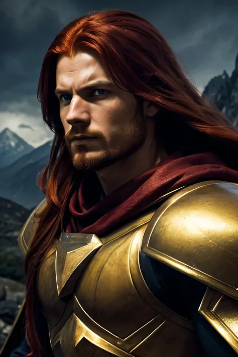 ((best quality),(masterpiece),(detailed),perfect face,a adult man with long (red hair),(redeyes),wearing a golden armor with a cloak and hood,mountain behind,beautiful,muscular,(cinematic),(dramatic lighting),(digital painting),(highly detailed),(sharp foc...