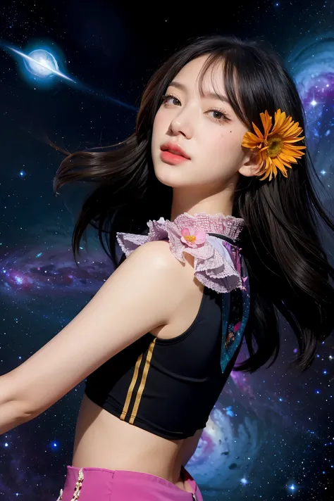 (best quality, masterpiece), 1girl, pose, particle, wind, flower, upper body, simple background, looking at viewer, black wildly hair, cosmic, nebulas, galaxy