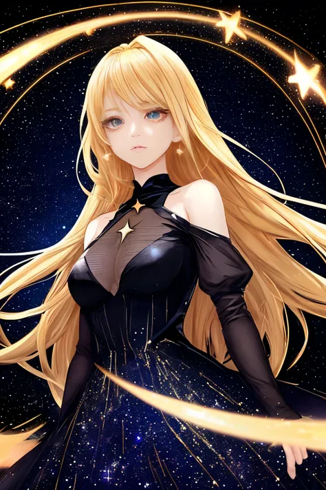 anime style, woman in stars dress, blonde hair, eyes, beautiful woman, black sparkling background, movie scene.